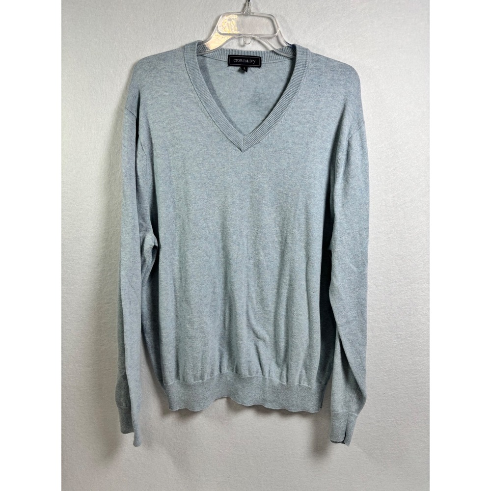 Crown & Ivy Mens V-Neck Sweater Light Blue Cotton Cashmere Blend Large Pullover